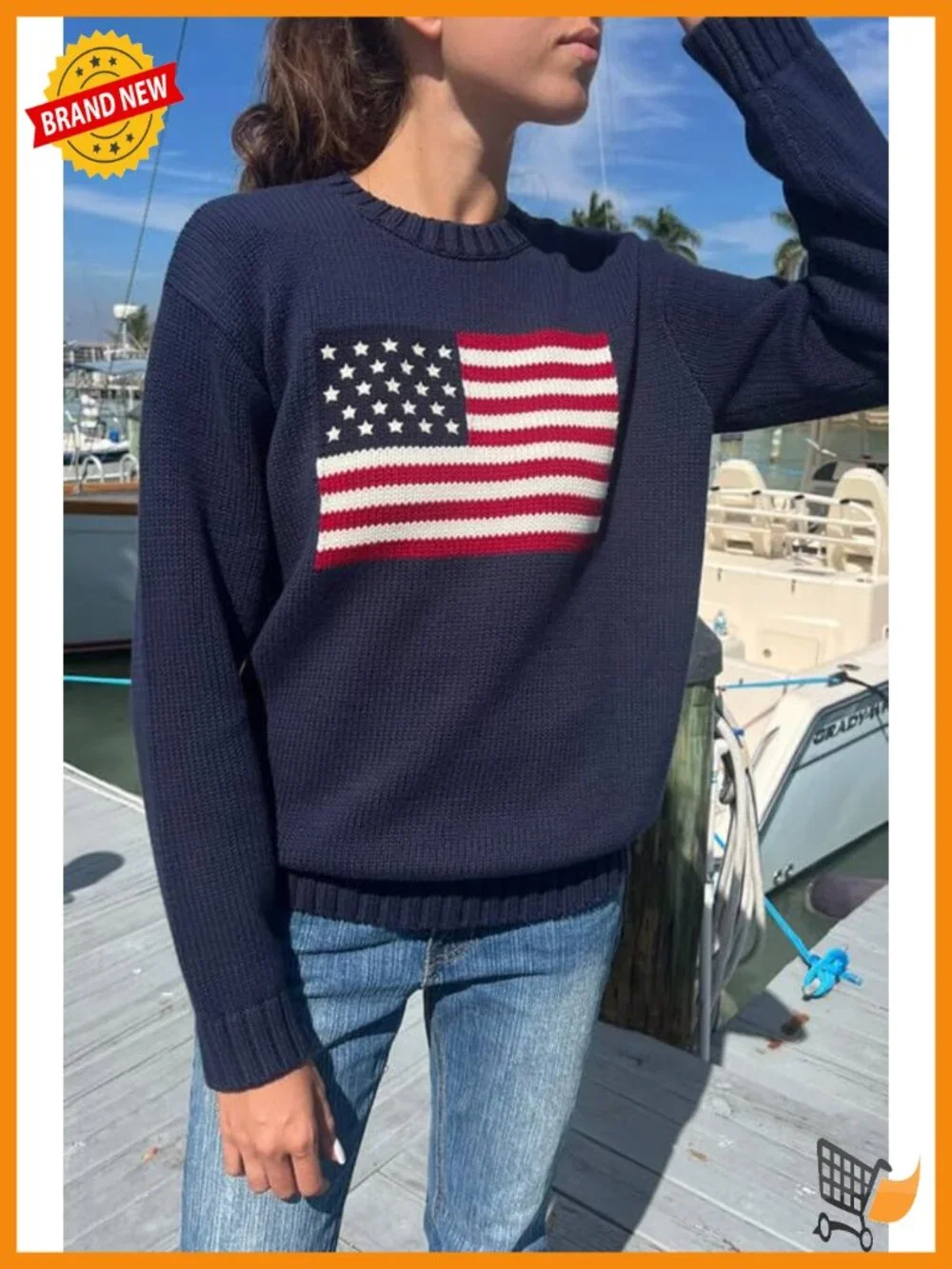 American Flag Crew Neck Loose Fit Knit Pullover Sweater